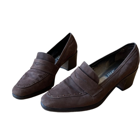 VANELI SUEDE PENNY LOAFER BROWN BUSINESS BLOCK HEEL MINIMALIST 7 - Picture 1 of 11